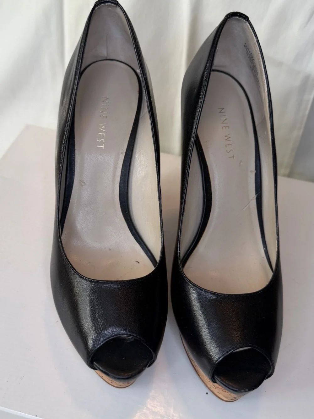 Nine West Black Peep-Toe Platform Wedges with Cork Trim